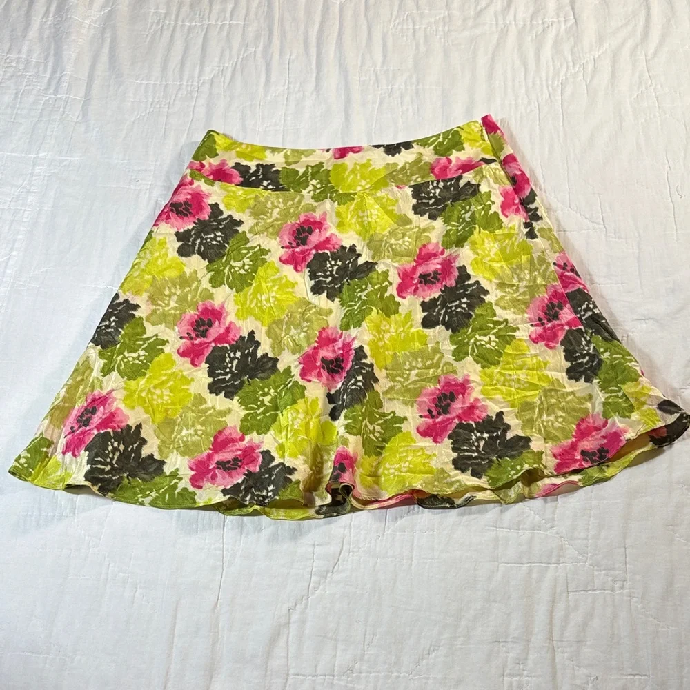Ann Taylor‎ Silk Floral A-Line Skirt Green Pink Watercolor Flowy Quiet Luxury